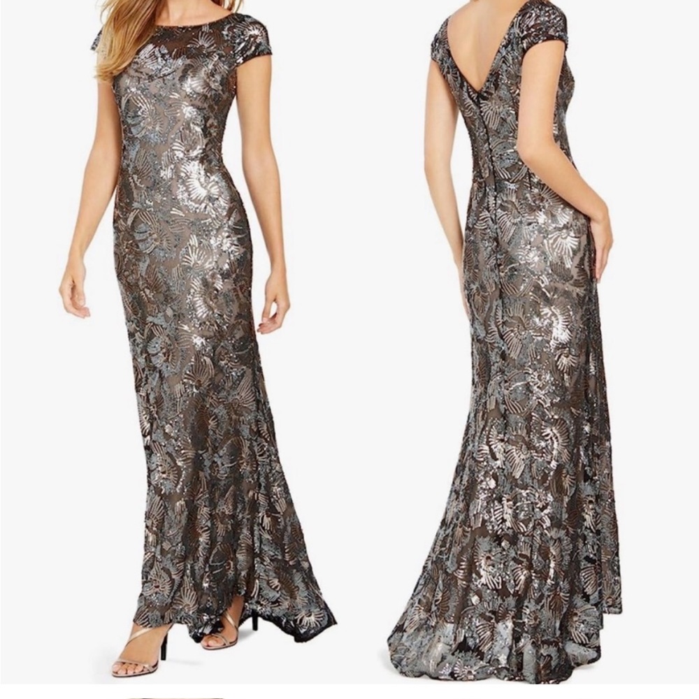 Calvin Klein sequin cap sleeve gown gunmetal/silver/blue size 8